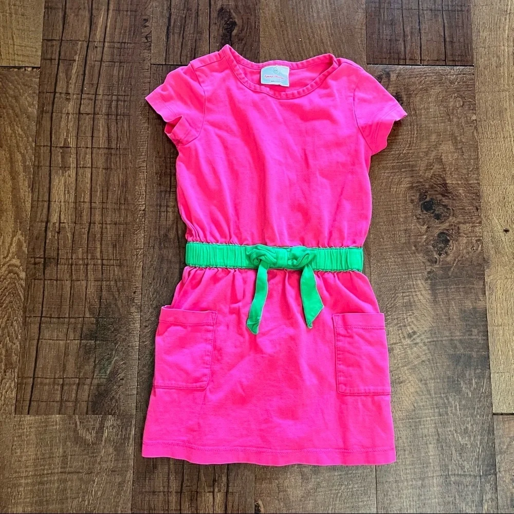 Hanna Andersson girls dress Sz 100/4 cotton pink green pocket bow elastic